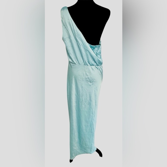 Abercrombie & Fitch One Shoulder Knotted Satin Midi Dress in light blue Sz L - Picture 8 of 11